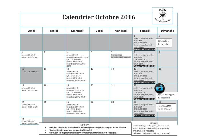 calendrier octobre 2016